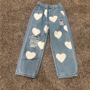 Kids girls youth Denim Heart Print Distressed Jeans - White Hearts size 7Y